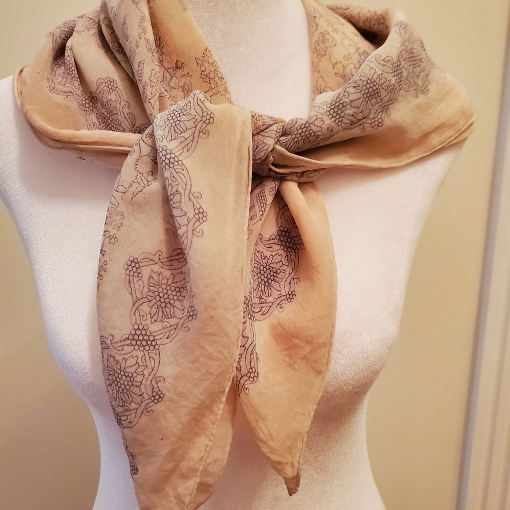 Scarf PEACH/BROWN WHIMSICAL PATTERN ROLLED EDGES SILK BLEND